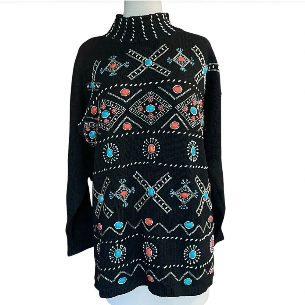Vintage Victoria Jones 90’s Beaded Black Sweater Western Beaded Turquoise Coral